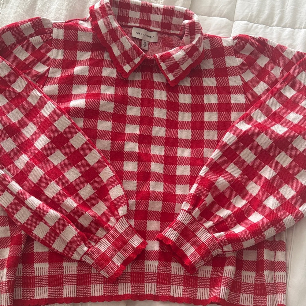 Knit Red and White Checked Collar Sweater